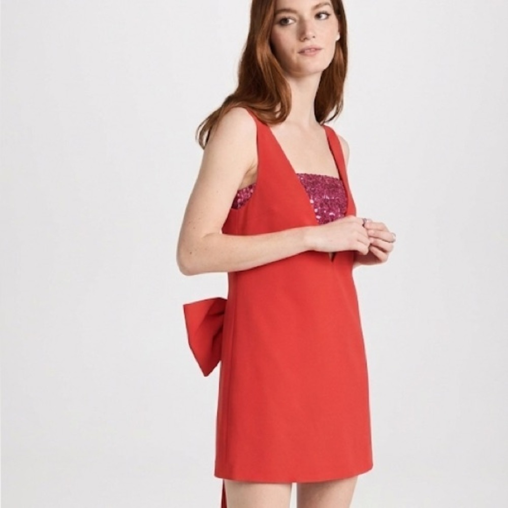 Staud red & pink sequin Irie mini party dress with back bow detail - Small NWT